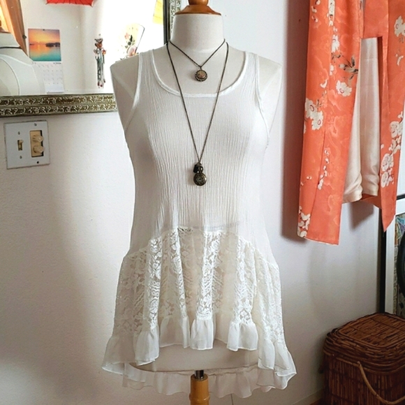 orange creek Tops - Orange Creek White Boho Lace High Low Tank Top Size L